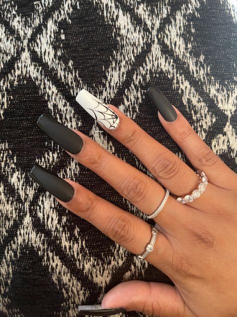 Black French Tip Nails Spider Web, Matte Black Spider Web Nails, Spider Web Nails, Black Nails Acrylic Spider Web, Black Acrylic Nails Coffin Spider Web, Black Nails With Cobwebs, Black And White Spider, Black French Tips, Color Me Beautiful