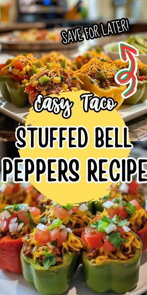 Easy Taco Stuffed Bell Peppers is a deliciously satisfying dish that's as visually stunning as it is delicious. Packed with seasoned ground beef, savory rice, melty cheese, and all your favorite taco toppings, these stuffed peppers are a complete meal in a wholesome, colorful package. Taco Stuffed Bell Peppers, Seasoned Ground Beef, Taco Toppings, Taco Stuffed Peppers, Healthier Meals, Savory Rice, Bell Pepper Recipes, Easy Taco, Melty Cheese