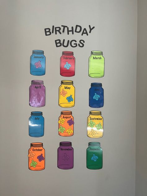 Birthday Bugs for classroom wall! Infant Classroom Art Display, Theme Classroom Ideas Preschool, Birthday Bugs Bulletin Board, Pre K Classroom Bulletin Boards, Birthday Walls For Classroom, Classroom Art Display Wall Preschool, Birthday Board Classroom Ideas, Bug Classroom Theme Decor, Bugs Classroom Decor