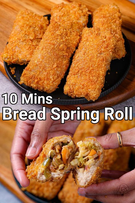 Instant Spring Roll Recipe | Bread Spring Roll in 10 minutes Asian Spring Rolls Recipes, Asian Spring Rolls, Evening Tea Time, Veg Spring Rolls, Hebbars Kitchen, Recipe Bread, Spring Roll Recipe, Leftover Bread, Bread Snacks