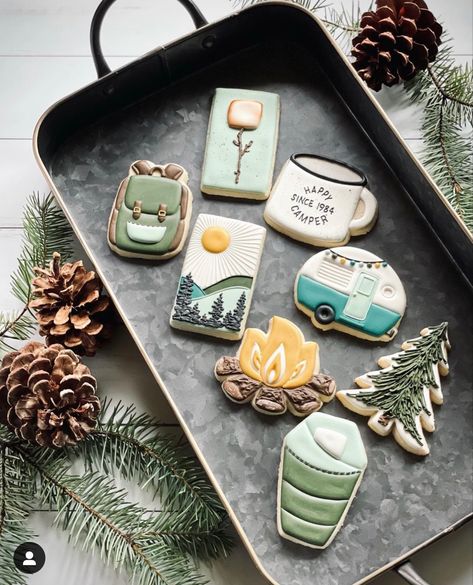 Hiking Cookies, Bach Themes, Beautiful Biscuits, Specialty Cookies, Camping Cookies, Camping Theme Birthday, Cookie Board, Royal Iced Cookies, Baking Stuff