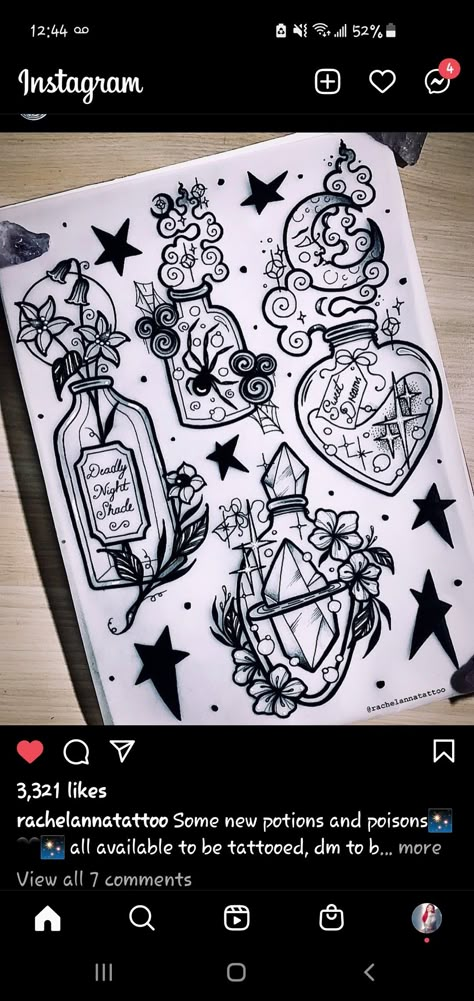 Witchy tattoo, black tattoo,  potion bottle tattoo, tattoo flash, spider tattoo Tattoo Sheets Traditional, Cute Halloween Flash Sheet, Plant Flash Sheet, Gothic Flash Tattoo Ideas, Tattoo Board Design, Witch Flash Sheet, Girly Tattoo Flash Sheet, Large Flash Tattoo, Beginner Tattoo Flash