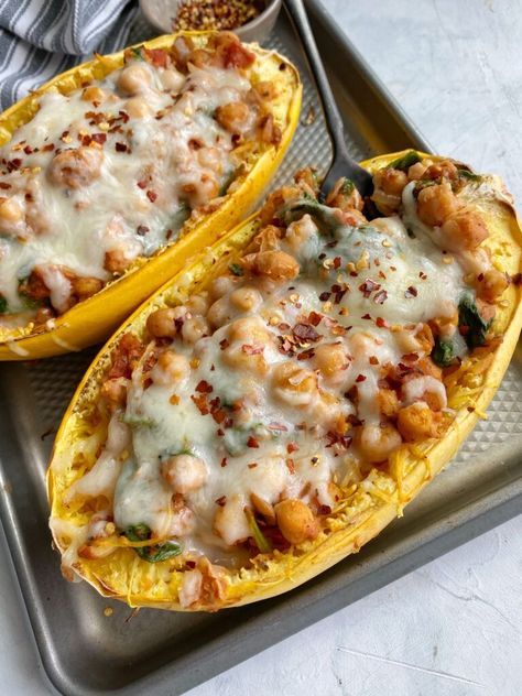 It’s spaghetti squash season! I love making these because there are so many ways to switch them up. They are also great to prep for the week and use in a variety of ways. Not only are they great for something easy but they are pretty simple to make, especially when you’re tossing everything into...Read More Spaghetti Squash And Chickpeas, Chickpea Spaghetti Squash, Spaghetti Squash Recipes Vegetarian Easy, Stuffed Spaghetti Squash Vegetarian, Vegetarian Spaghetti Squash Recipes, Spaghetti Squash Recipes Vegetarian, Vegan Spaghetti Squash, Healthy Squash Recipes, Spaghetti Squash Recipes Healthy