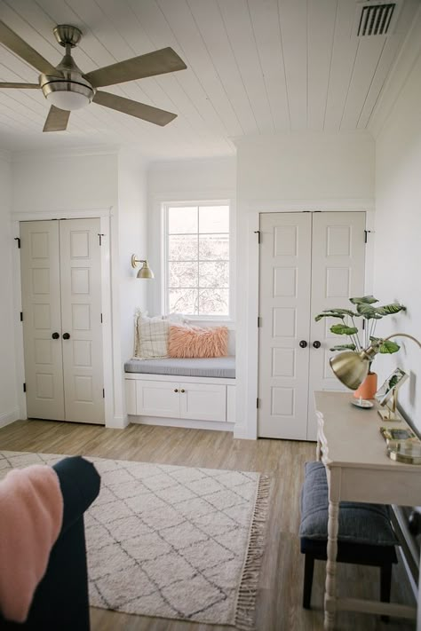 To give both kids their own closets, flank a window and install a window seat for charm. Jessica Davis, Farmhouse Guest Bedroom, Saint Augustine Florida, Build A Closet, Basement Bedrooms, Saint Augustine, Bedroom Windows, Flipping Houses, Coastal Farmhouse