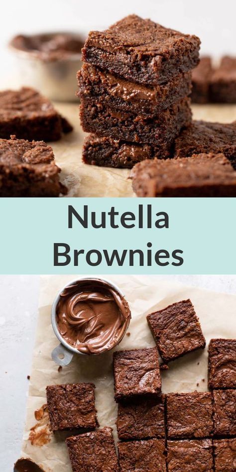 Chewy around the edges and fudgy in the center, these Nutella brownies from Live Well Bake Often are my new favorite! Even better, they're made with 8 ingredients. These easy and delicious brownies are the perfect dessert for family night! The chocolate gooey goodness will be your new favorite delectable dessert! Nutella Brownie Recipes, Nutella Brownies Recipe, Blondies Recipes, Brownies Nutella, Easy Nutella Brownies, Brownies Caramel, Nutella Recipes Brownies, Live Well Bake Often, Xmas Baking