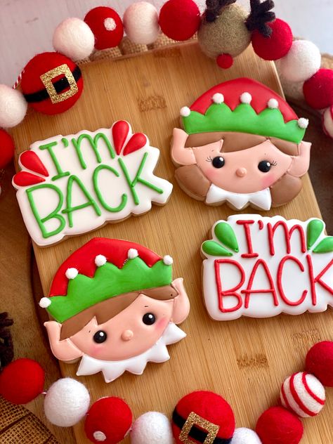 Elf On The Shelf Biscuits, Elf Christmas Cookies Decorated, Elf On The Shelf Royal Icing Cookies, Elf On The Shelf Mini Cookies, Elf On Shelf Cookies Decorated, Elf Cookies On The Shelf, Elf Cookie Ideas, Elf On Shelf Cookies, Elf On The Shelf Sugar Cookies