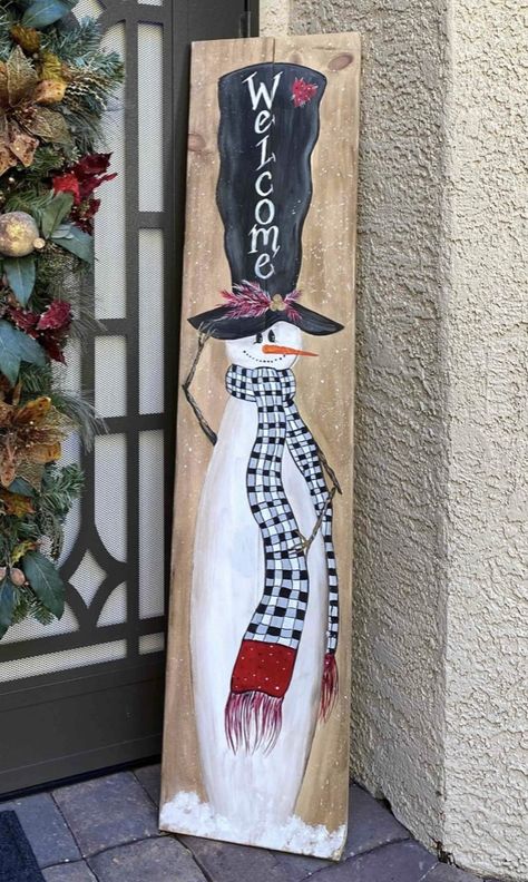 Santa Door Leaner, Snowman Door Leaner, Christmas Boards Signs Easy Diy, Paint Snowman On Wood, Snowman Welcome Signs For Porch, Christmas Board Painting, Painted Christmas Boards, Snowman Porch Leaner, Painted Boards Ideas