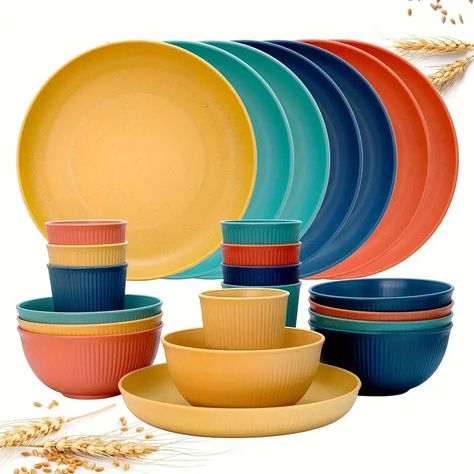 Sustainable Dinnerware, Plastic Dinnerware Sets, Plastic Dinnerware, Camping Rv, Wheat Straw, Vertical Lines, Plastic Plates, Dish Sets, Tableware Set