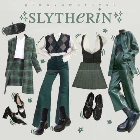 Green Academia Aesthetic Outfit, Slytherin Lookbook, Slytherin Inspired Outfits, Fairy Core Outfits, Slytherin Outfit, Harry Potter Character, Green Academia, Academia Aesthetic Outfit, Makeup Clothes