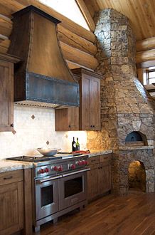 Range hood rustic with modern mountain home. Brien said when we build a log home, we WILL have this kitchen. : ) Over Island Range Hood, Gemstone Projects, Rustic Range Hood, Oven Hoods, Cabin Pictures, Metal Range Hood, Hood Vents, Cabin Build, Stove Hood