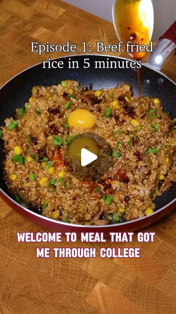 Genio Ng on Instagram: "Meal that got me through college: Beef Fried Rice 🥩

Ingredients
2 cup of cooked rice
12-15 slices of beef 
30g of butter 
4 cloves of garlic, minced
30g of corn - I used canned corn
A pinch of salt and pepper
1/2 tsp of chicken powder

Sauce:
2 tbsp of Soy sauce 
2 tbsp of dark soy sauce - or add more if it is not dark enough 
1 tbsp of oyster sauce
0.5 tbsp of sesame oil

Steps:
1. Combine the sauce and set aside.
2. Add the old day cooked rice in the middle of the pan.
3. Then, add the beef around the rice followed by butter, garlic and corn.
4. Stir fry the rice until the beef is 70% cooked. 
5. Add the sauce to the pan followed by chicken powder, salt and pepper and spring onions.
6. Stir fry for another 2-3 minutes to heat through.
7. Garnish the fried rice w Fried Rice Ingredients, Chicken Powder, Beef Fried Rice, Dark Soy Sauce, Cooked Rice, Rice Ingredients, Spring Onions, Canned Corn, Oyster Sauce