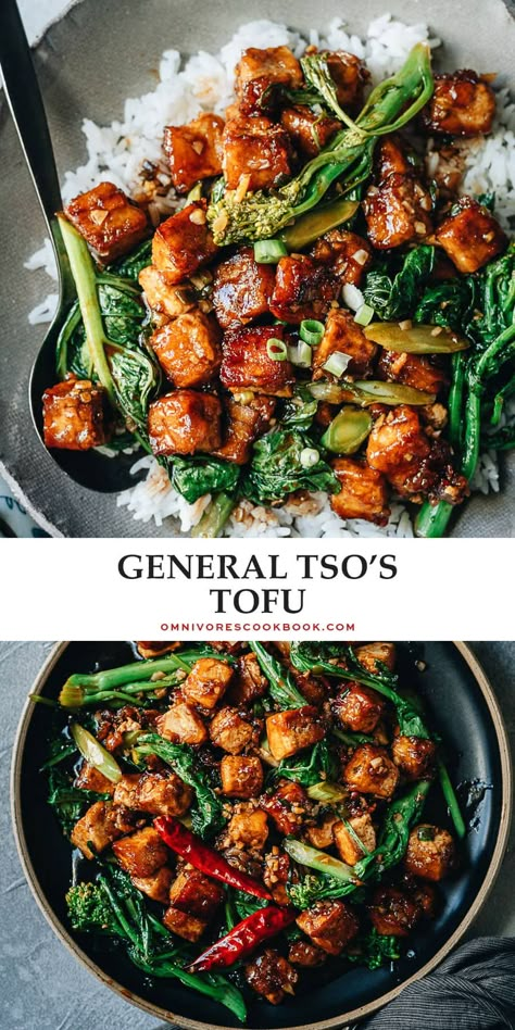 General Tso’s Tofu features crispy caramelized tofu bites with tender broccoli rabe in a tangy savory sweet sticky sauce. Learn how to make extra crispy tofu with the minimum oil and time without deep frying, plus the best General Tso sauce! {vegan, gluten-free} Tofu Broccoli Stir Fry, General Tso Tofu, Cooking Tofu, Crispy Tofu, Chinese Cooking, Tofu Recipes, Wholesome Food, Asian Dishes, Vegetarian Dishes