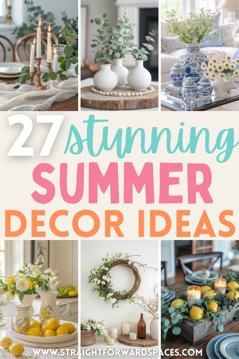 27 Gorgeous and Fresh DIY Summer Decorations For Home Summer Dining Room Table Centerpieces, Summer Indoor Decor, Summer Decor Ideas For The Home, June Decorating Ideas, Summer Decorating Ideas For The Home, Summer Dough Bowl Decor, Summer Centerpieces For Home, Summer House Decor Ideas, Summer Tiered Tray Decor Ideas