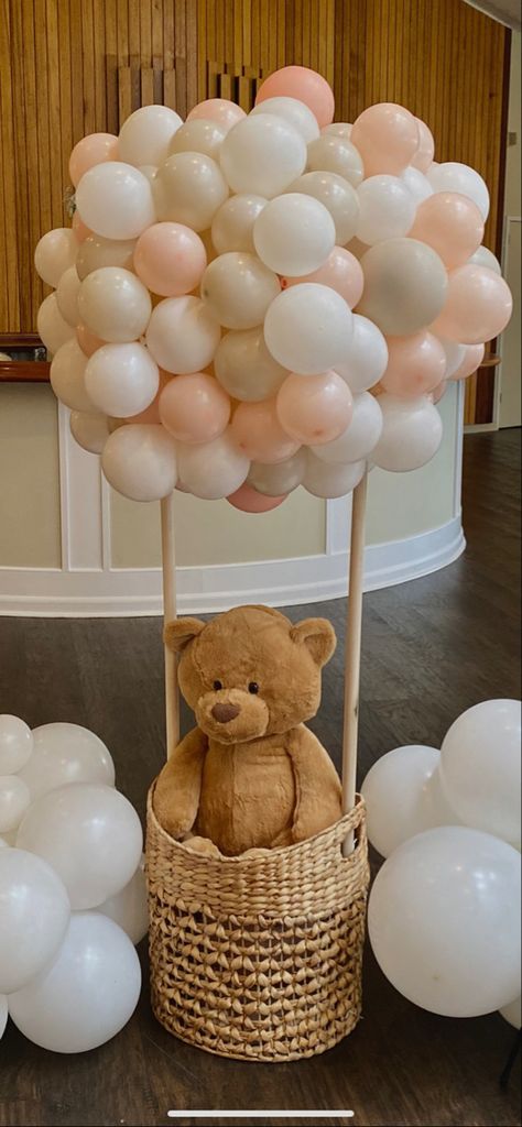 #babyshowerthemes Teddy Bear Air Balloon, Teddy Bear Baby Shower, Baby Bear Baby Shower, Balloon Garland, Hot Air Balloon, Air Balloon, Baby Shower Themes, Hot Air, 1st Birthday