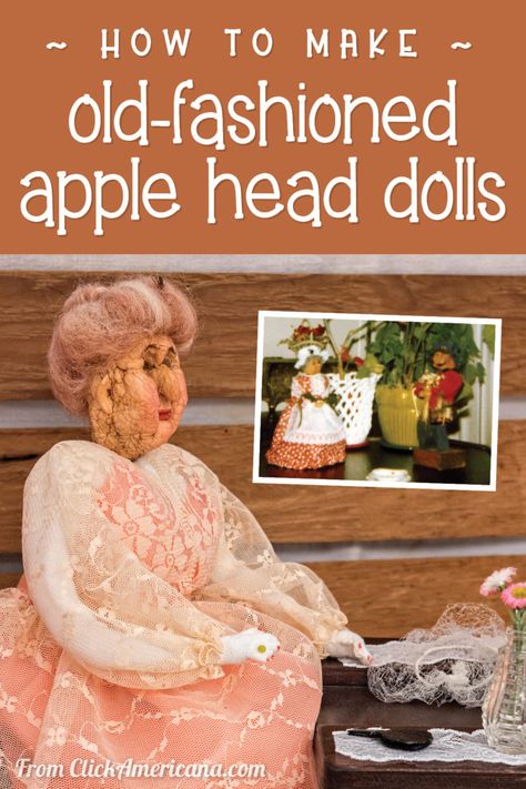 How to make old-fashioned apple head dolls: Get vintage shrunken apple DIY craft directions, details & photos- #appleheaddolls #apples #applehead #appleheads #appledolls #shrunkenapples #vintagecrafts #vintageart #folkart #earlyamerican #crafts #oldfashioned #americana #clickamericana Apple Head Dolls How To Make, Apple Dolls Dried, Shrunken Apple Head Dolls, Applehead Dolls, Doll Photoshoot Ideas, Apple Head Dolls, Halloween Envelope, Doll Photoshoot, Envelope Craft