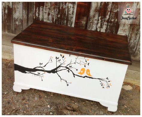 knotty cedar chest transformed with a coat of white paint and some cute orange birds, by Sarah at FunCycled Cedar Chest Redo, Painted Cedar Chest, Chest Makeover, Orange Birds, Chest Ideas, Painted Chest, Cedar Chest, Wood Chest, Tiny Spaces