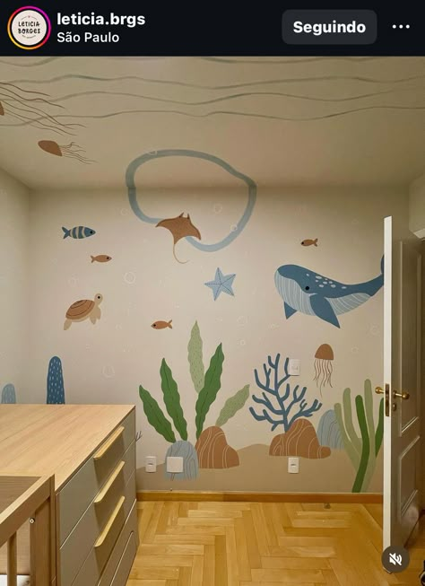 Under The Sea Nursery, Ocean Mural, Fishing Nursery, Baby Spa, Sea Nursery, Montessori Room, Room Wall Painting, Nursery Office, Kids Interior Room