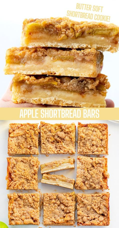 Apple Shortbread Bars on a Counter Cut Into Pieces with the Center Piece Cut Smaller and Flipped on Its Side to Show Bar Layers. Apple Shortbread Bars, Apple Shortbread, Apple Crumble Bars, Best No Bake Cookies, Quick Foods, Easy Impressive Dessert, Cake Bars Recipe, Layered Dessert, Shortbread Bars