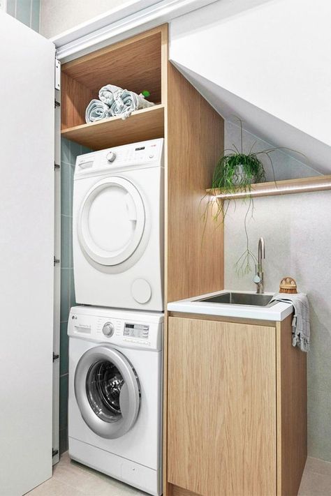 Small laundry and storage space under the stairs. Tub With Storage, Small Laundry Ideas, Compact Laundry Room, 1920 House, Room Under Stairs, Space Under Stairs, تحت الدرج, Laundry Nook, Stacked Laundry Room