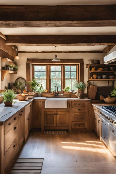 House With Wood Accents Interior, Natural Wood Farmhouse Kitchen, Kitchen With Wood Backsplash, Brick Farmhouse Kitchen, Wood Aesthetic Kitchen, Wood Ceilings In Kitchen, Kitchen With Pine Ceiling, Wood Cabinets Butcher Block Countertops, Angled Kitchen Ceiling