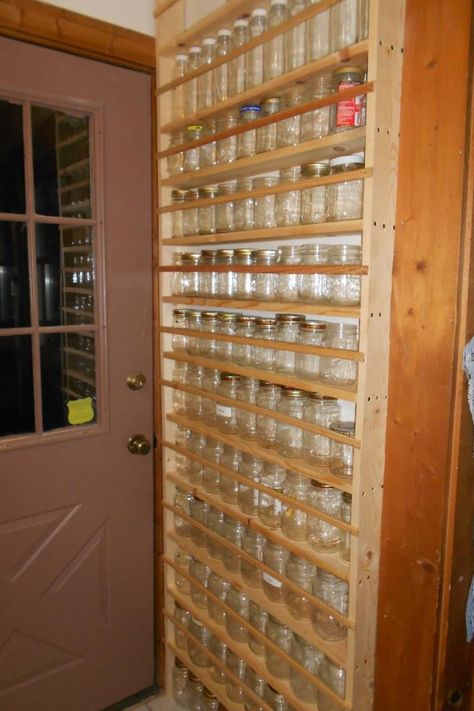 Mason Jar Shelf Diy, Can Storage Cabinet, Mason Jar Cabinet, Canning Storage Cabinets, Diy Food Pantry, Mason Jar Pantry, Mason Jar Storage Ideas, Canning Room, Food Shelves