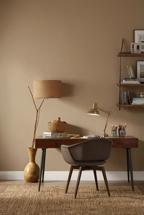 Khaki Wall Color Living Room, Earthy Tones Wall Paint, Sand Color Wall Paint, Wall Color Ideas Office, Sw Nomadic Desert, Office Interior Painting Ideas, Simple Bedroom Paint Ideas, Home Depot Paint Colors Living Room, Wall Painting Styles