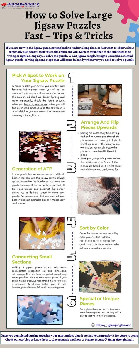 If you are looking how to solve large jigsaw puzzles fast and what are the tips & tricks for solving a jigsaw puzzle? Read this infographic in this we are share the tips and tricks to solve a jigsaw puzzle. Puzzle Solving, Tips Tricks, Keep In Mind, Jigsaw Puzzle, Jigsaw Puzzles, Tips And Tricks, Life Hacks, Hobbies, Cd