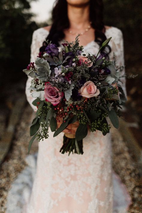 | wild purple wedding bouquet | bohemian purple wedding bouquet | lavender + blush pink wedding bouquet | wild bouquet | boho bouquet | boho bride | bohemian bride | bohemian bouquet | bohemian wedding | wedding flowers | photo taken at THE SPRINGS Event Venue. follow this pin to our website for more information, or to book your free tour! SPRINGS location:  Tulsa, OK photographer:  Sherece Kelly Photography #bouquet #weddingflowers #bohowedding #bohobride #bridesofok #bohemianwedding #bridals Plum Wedding Bouquet, Dark Purple Wedding, Fall Bridal Bouquet, Greenery Bouquet, Plum Wedding, Purple Wedding Bouquets, Winter Wedding Bouquet, Boho Wedding Bouquet, Bridal Bouquet Fall