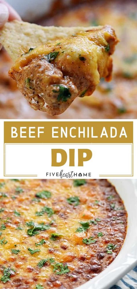 Football Party Food Appetizers, Beef Enchilada Dip, Enchilada Dip, Super Bowl Dips, Beef Appetizers, Best Dip, Easy Super Bowl, Beef Enchilada, Beef Dip