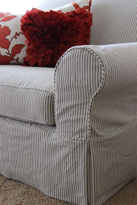 Ticking tripe love!! Ticking Stripe Chair, Stripe Chair, Couch Covers Slipcovers, Striped Sofa, Custom Slipcovers, Making Dinner, Striped Chair, Reupholster Furniture, Slip Covers