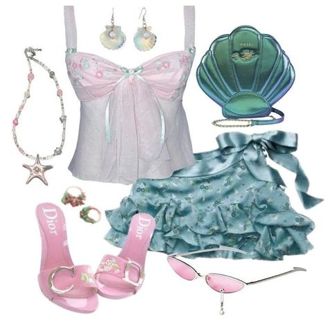 Fantasia Outfit Ideas, Seacore Outfit, Mermaid Clothes Aesthetic, Outfit Outline, Beach Gyaru, Y2k Instagram, Ashlynn Ella, Pink Pink Pink, Mermaid Core