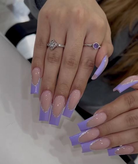 Diamond Frenchies Nails, Lavender Winter Nails, Lavender Christmas Nails, Light Purple French Tips, Nail Inspo Lavender, Lavender French Nails, Acrylic Nails Lavender, Lavender Nails Acrylic, Lavender French Tip Nails