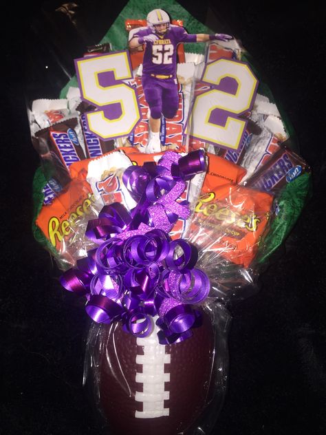 Candy bouquet for one of our favorite HS Varsity football players on Senior Night. Sports Candy Bouquet, Football Players Gifts Ideas, Homecoming Baskets For Football Players, Senior Night Gift Ideas Football Boyfriend, Senior Night Candy Bouquet, Senior Night Football Basket Ideas, Football Baskets For Players, Gift For Football Players, Football Related Gifts