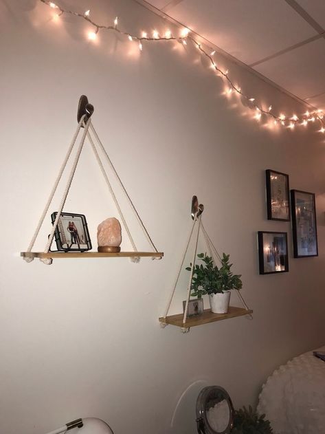 Wall Hanging Shelves Decor, Dorm Hanging Shelves, Hanging Shelves Ideas Bedroom, What To Put On A Small Wall, Decorate Big Wall Bedroom, Hanging Shelf Bedroom, Wall Hanging Shelves Bedroom, Wall Hanging Shelves Living Room, Hanging Shelves Above Bed