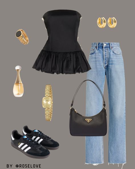 Elevate your laid-back style with a structured black peplum top and classic straight-leg jeans. Add retro-inspired sneakers for a sporty edge and keep it luxe with gold accessories, a sleek Prada bag, and a touch of Dior fragrance. Perfect for mixing high-fashion flair with streetwear cool.

For the Top : https://sovrn.co/jzp78ev

#CasualChic #StreetStyle #PeplumPower #SneakerGlam #ROSELOVEStyle Dior Fragrance, Black Peplum Top, Black Peplum, Casual Chic Outfit, Chic Outfit, Gold Accessories, Laid Back Style, Prada Bag, Retro Inspired