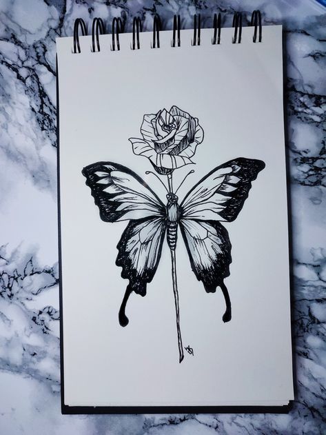 Black &. White drawing by JK. Rose and butterfly Butterfly And Rose Drawing, Butterfly And Rose, Tattoo Style Art, Rose Drawing, Easy Drawings Sketches, Sketch Ideas, Book Art Diy, Aesthetic Vibes, Button Art