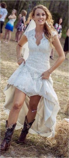 Simple Country Wedding Dresses, Wedding Dress And Cowboy Boots, White Halter Dress Short, Country Wedding Dresses With Boots, Wedding Dresses With Boots, White Country Dress, Simple Country Wedding, Dresses With Boots, Dress And Cowboy Boots