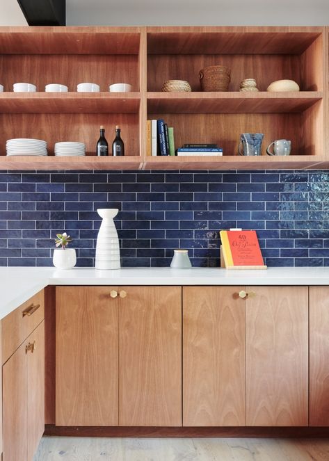 Photo 16 of 25 in Before & After: A Midcentury Wrapped Around an Oak Tree Turns Over a New Leaf - Dwell Ceramic Kitchen Backsplash, Organize A Kitchen, Folding Glass Doors, White Oak Hardwood Floors, Eichler Homes, Blue Backsplash, Wood Accent Wall, Floor Remodel, Organizing Hacks