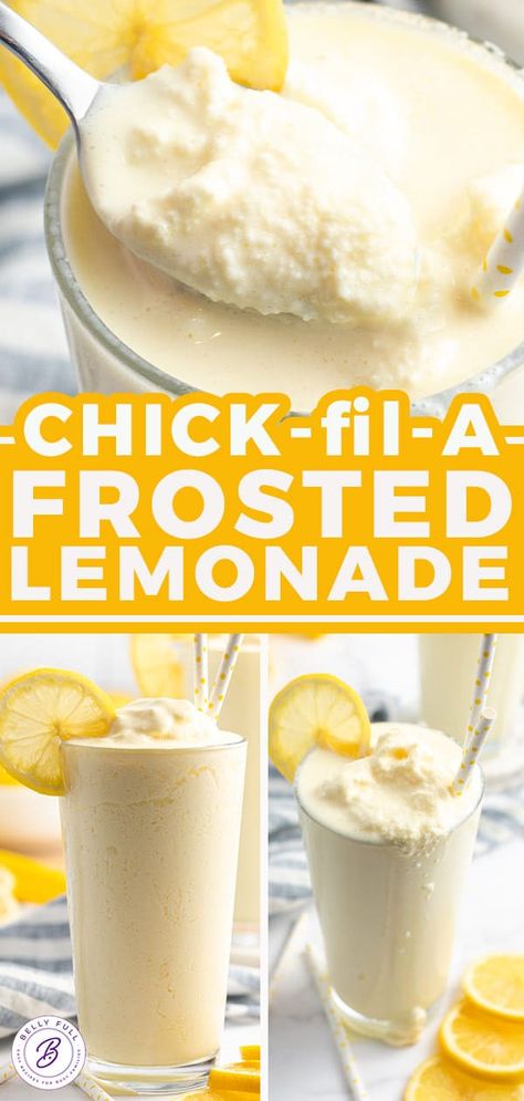 Chick-fil-A Frosted Lemonade Recipe {Copycat} - Belly Full Frosted Lemonade Recipe, Frosted Lemonade, Copycat Chick Fil A, Frozen Lemonade, Drink Recipes Nonalcoholic, Dessert Oreo, Lemonade Recipe, Smoothie Drink Recipes, Lemonade Recipes