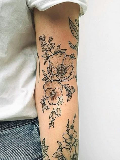 Floral sleeve, I really like the negative space in these flowers Wrist Flower Tattoo Wrap Around, Tree Peony Tattoo, Tattoo Bracelets, Stil Rock, Body Decor, Cat Tattoos, Small Girl Tattoos, Plant Tattoo, Moth Tattoo