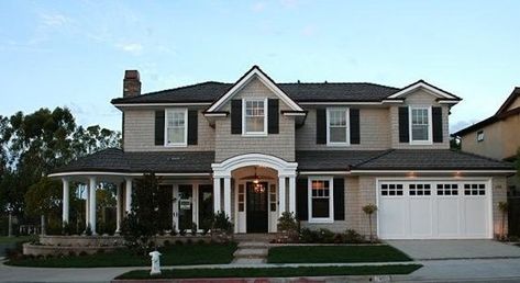 Tan House Black Shutters | tan house with black shutters | Yes ... Tan House With Black Shutters, Beige Shutters, House With Black Shutters, Exterior Siding Colors, Exterior Gray Paint, Paint Colors For House, Colors For House, Tan House, Shutter Colors