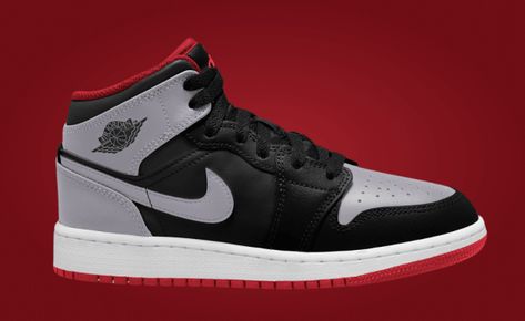 The Air Jordan 1 Mid Black Cement Fire Red takes after the AJ1 High Shadow while adding fire red accents to the mix. Red And White Wallpaper, Jordan 1 Mid Black, Air Jordan 1 Mid Black, Korean Street Fashion Men, Jumpman Logo, Black Cement, Cement Gray, Sneaker Release, Korean Street