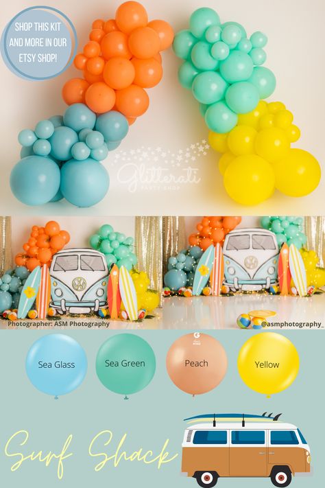 Add a touch of surfing charm to your party with our DIY Surf Shack Balloon Garland Kit! This fun and creative kit includes all the materials and instructions you need to create a stunning garland that captures the essence of surfing and the beach! #diyballoongarland #balloonarchkit #surfballoongarland #surfbabyshower #bohosurftheme #summerpartydecor #thebigonebday #firstwipeouttheme #babyonboardshower #surfsupbirthday #bohobeachparty #herecomesthesun #boybabyshower #surfsupdude Beach Balloon Decorations, Surfboard Balloon Garland, Surf Balloon Arch, Surfs Up Balloon Garland, Surfs Up Birthday Party Decoration, Beach Balloon Arch, Two Rad Surf Birthday Party, Surf Shack Party, The Big One Surf Backdrop