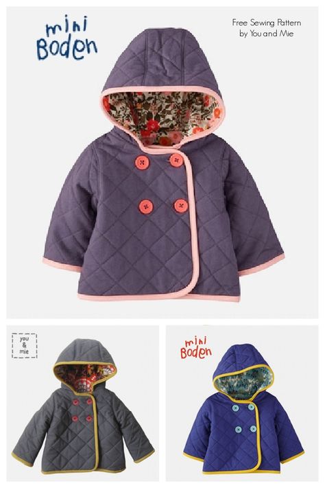 Hooded Mini Boden Quilted Jacket Free Sewing Tutorial | Fabric Art DIY Fleece Coat Pattern, Quilted Jacket Pattern Free, Kids Coat Pattern, Kids Quilted Jacket, Quilted Jacket Outfit, Fabric Art Diy, Quilted Jacket Pattern, Baby Jackets Pattern, Sewing Coat