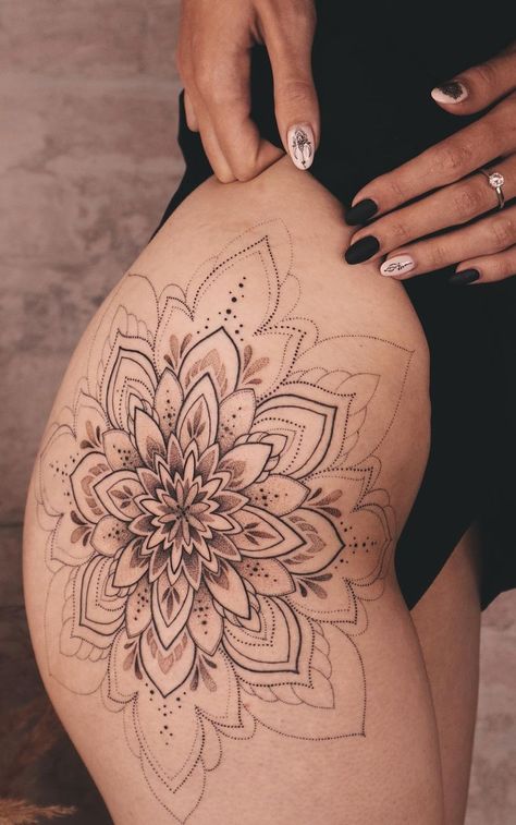 Mandala Tattoo Hip For Women, Mandala Tattoo On Thigh, Mandala Thigh Tattoos, Mandala Tattoo Woman, Ocean Life Tattoos For Women, Women Mandala Tattoo, Mandela Tattoo Thigh, Mandala Tattoo Ideas For Women, Mandala Tattoo For Women