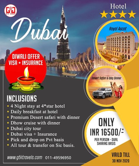 Diwali Bonanza to travel Dubai!! GTK Travels brings an exclusive Diwali offer for Dubai with an attractive price and inclusions. Plan a family holiday to Dubai and contact us for this exclusive offer. Make your holiday to Dubai as sparkling as Diwali with us!! #Diwali #bonanza #exclusive #attractive #inclusions #holiday #Dubai #Sparkling #offer #Valid #withus #Gtktravels Dubai Poster Design, Holiday Dubai, Travel Advertising Design, Travel Flyer, Diwali Offer, Travel Dubai, Haldi Function, Offer Design, Travel Creative