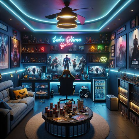 Step into a gamer's paradise, with dark blue walls lit by neon character signs and LED strips. Centre-stage is a cutting-edge gaming station & ergonomic chair, flanked by a snacks-filled mini-fridge. Nearby is a couch, coffee table and game memorabilia. #GamerRoom #ManCave #GamingStation #NeonDecor #VideoGames #GameEnthusiast Dark Blue Game Room, Dark Blue Gaming Room, Rich Tips, Neon Character, Room Ideas Dark, Couch Coffee Table, Anime Bedroom, Basement Games, Gaming Rooms