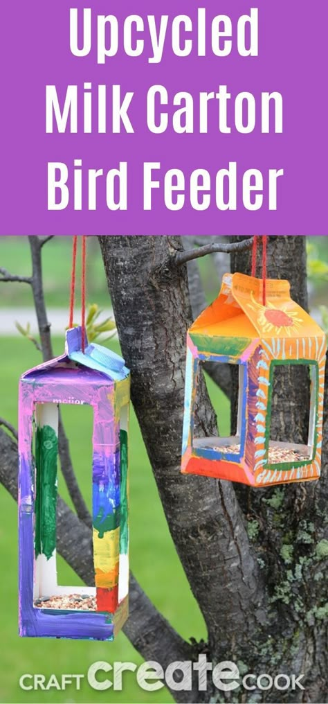 Milk Carton Birdhouse, How To Make Bird Houses Diy, Upcycling Milk Cartons, Diy Bird House Recycle, Bird Feeders Milk Carton, Milk Carton Projects, Milk Carton Bird House, Recycled Milk Carton Crafts, Bird House Diy Recycled