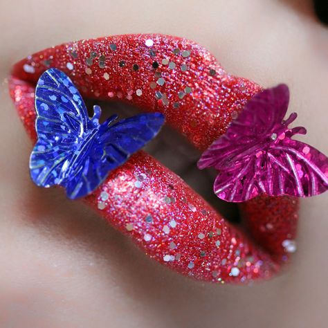 # “ Mariposa" Red Glittering ✨ Lips W/ Butterflies Butterfly Lips, Nice Lips, Lip Paint, Makeup Artistry, Nail Glitter, Lip Service, Women Art, Lip Art, Black Women Art