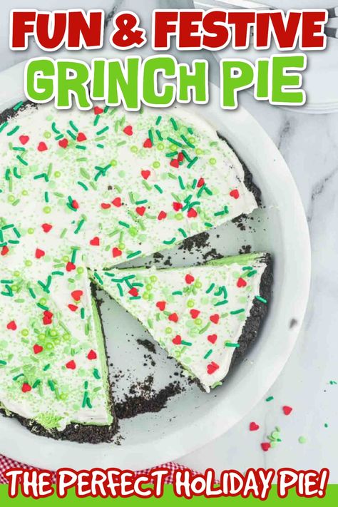 Make this No Bake Grinch Pie for all... - Eating on a Dime Christmas Desserts Grinch, Grinch Dessert Ideas, Grinch Christmas Treats, Pecan Pie Cheesecake Recipe, Grinch Party Ideas, Grinch Ideas, No Bake Pie, Christmas Ice Cream, Pecan Pie Cheesecake